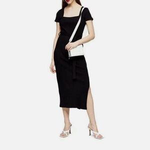 Topshop Square Neck Ribbed Black Midi Dress
